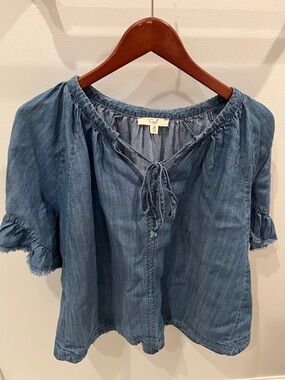 Easel Denim Tie-Neck Peasant Blouse in Blue